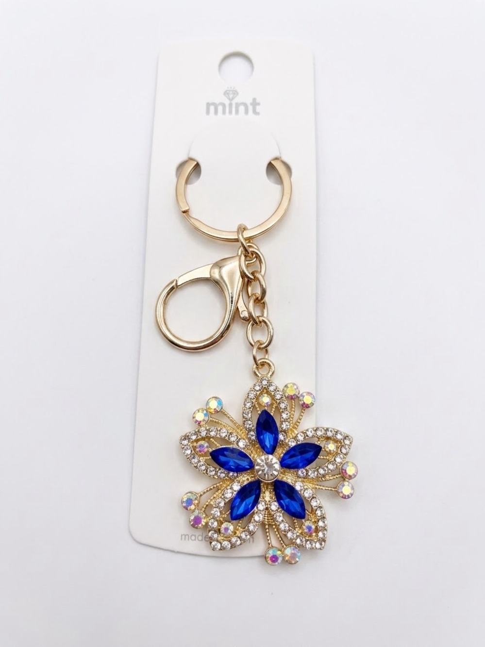 NWT Royal Blue Crystal Flower Bag Charm & Keychain Gold Tone